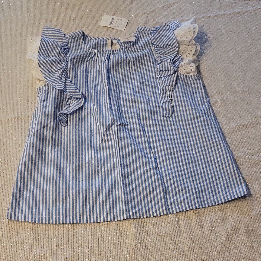 Crewcuts double-ruffle seersucker blue And White Stripes Blouse Shirt